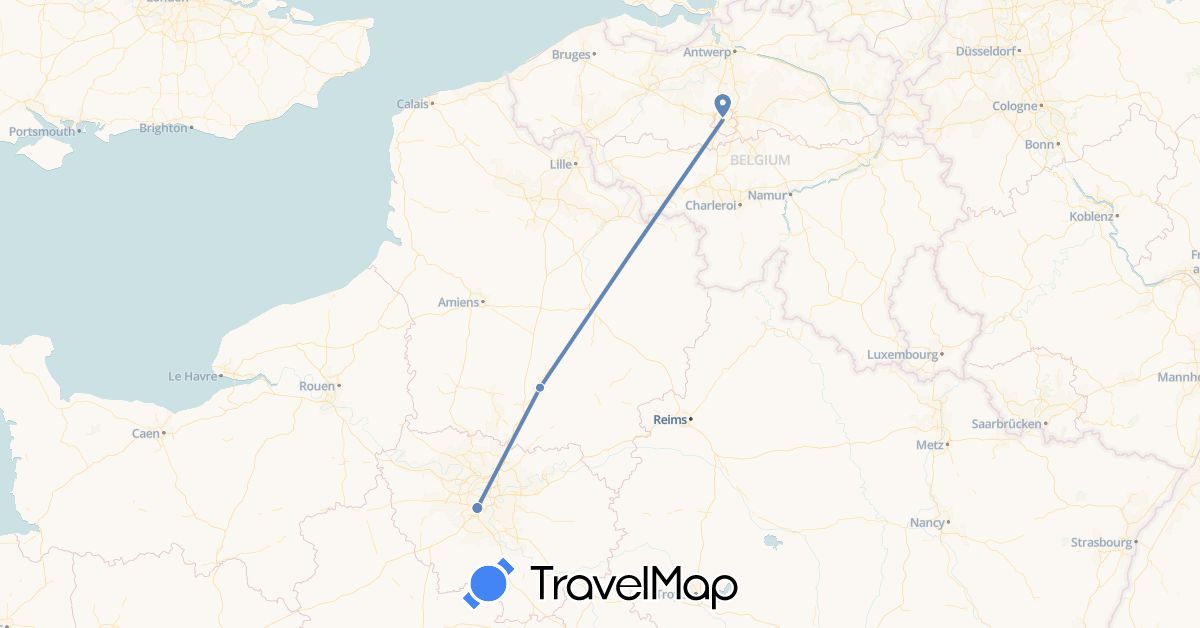 TravelMap itinerary: driving, cycling in Belgium, France (Europe)